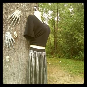 soft cotton black shirt, silver silk skirt